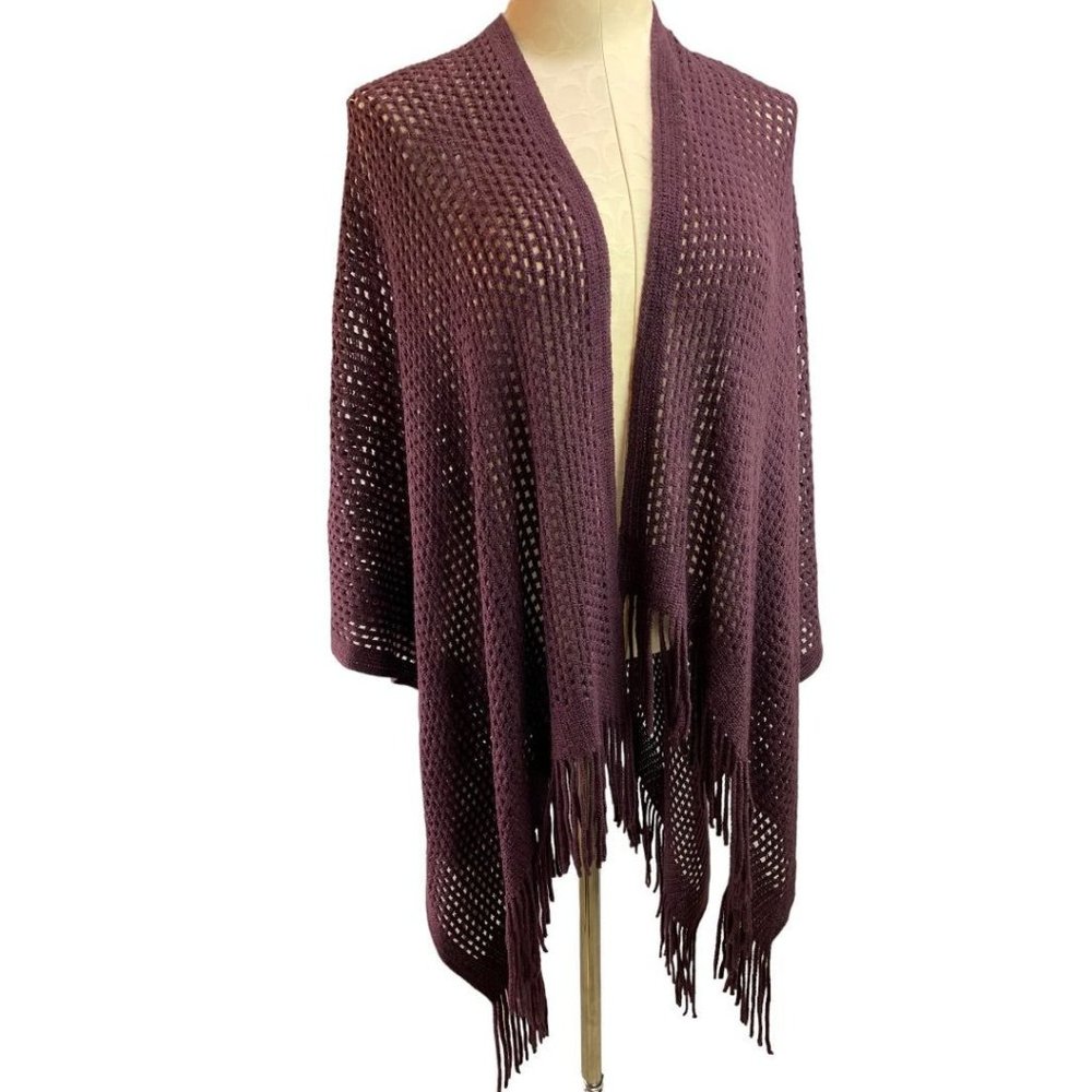 Loose Knit Fringed‎ Shawl Cardigan Women's Eggplant Dark Purple